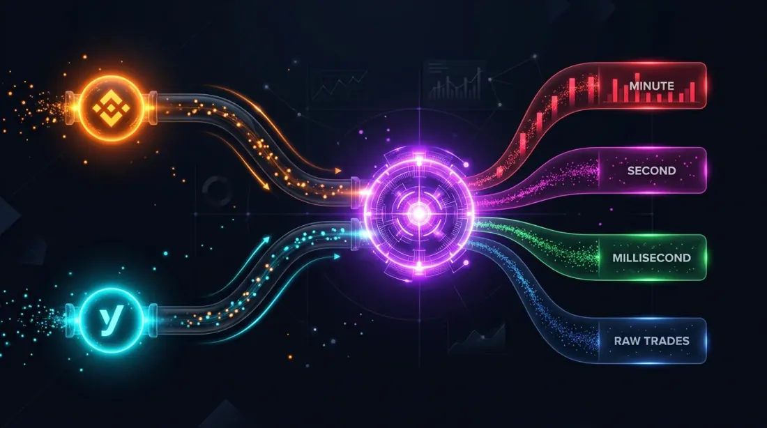 Multi-exchange data flow: Binance and Bybit converging into unified granularity layers