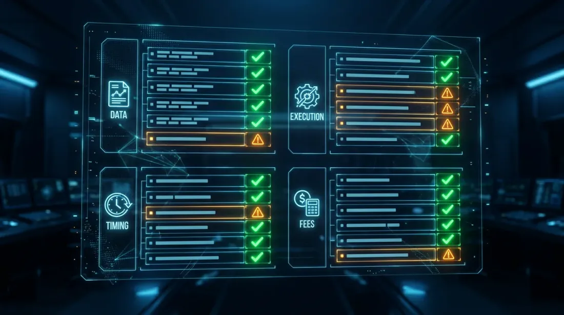 Holographic parity validation checklist organized by category — data, execution, timing, fees