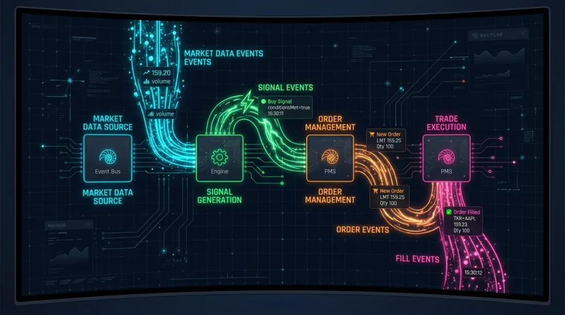 Event-driven trading architecture with cascading event pipeline — market data, signals, orders, fills