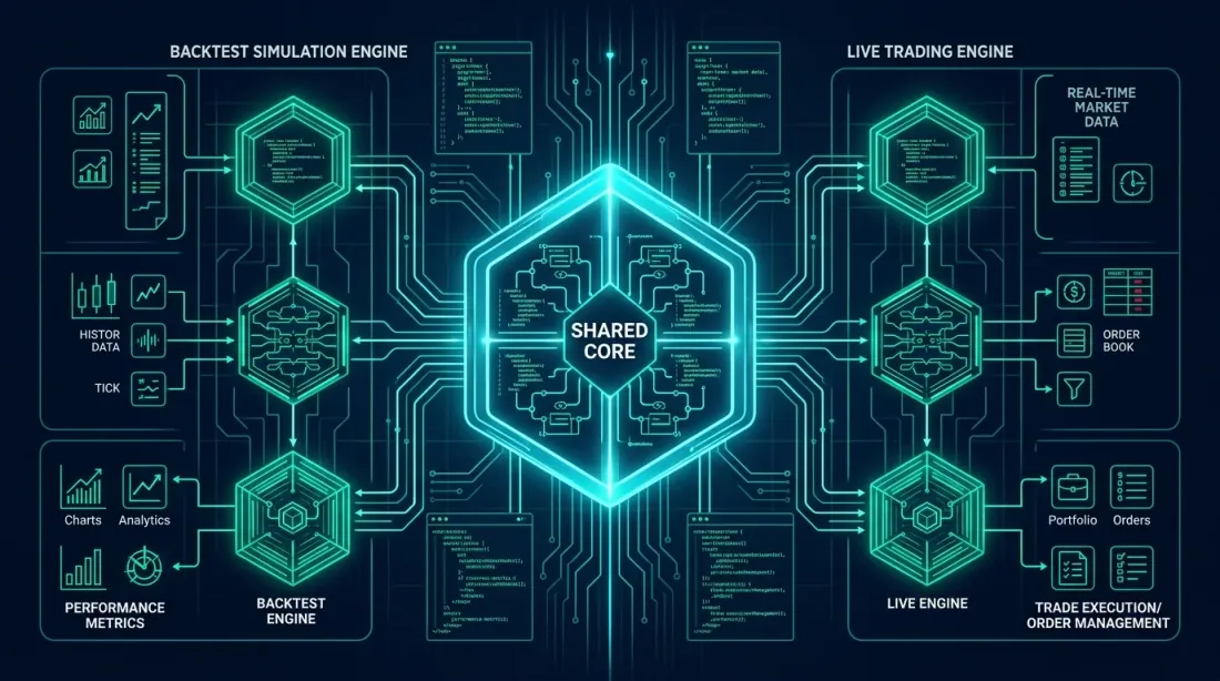 Shared Core architecture — a single strategy module powering both backtest and live trading engines