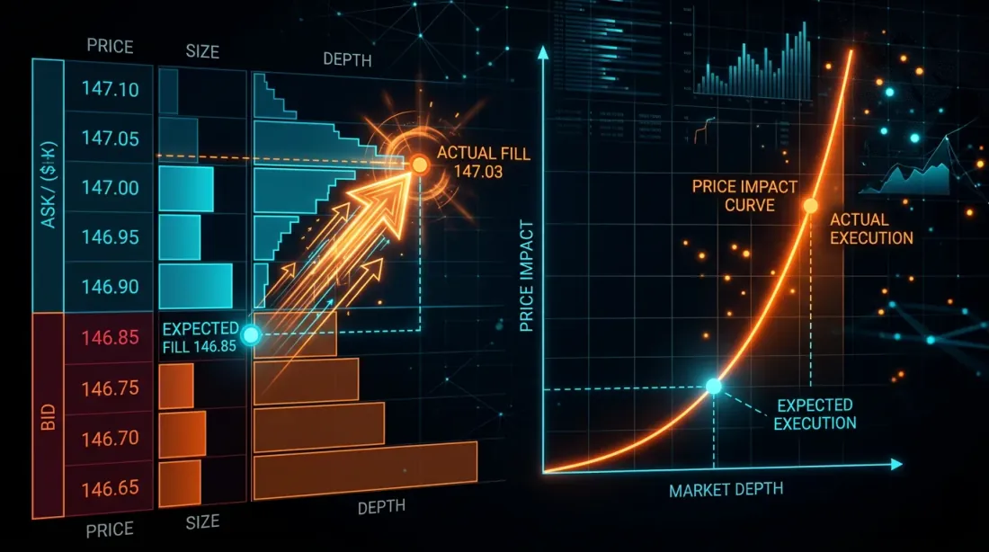 Slippage model calibration — order book depth with price impact curve showing expected vs actual fills