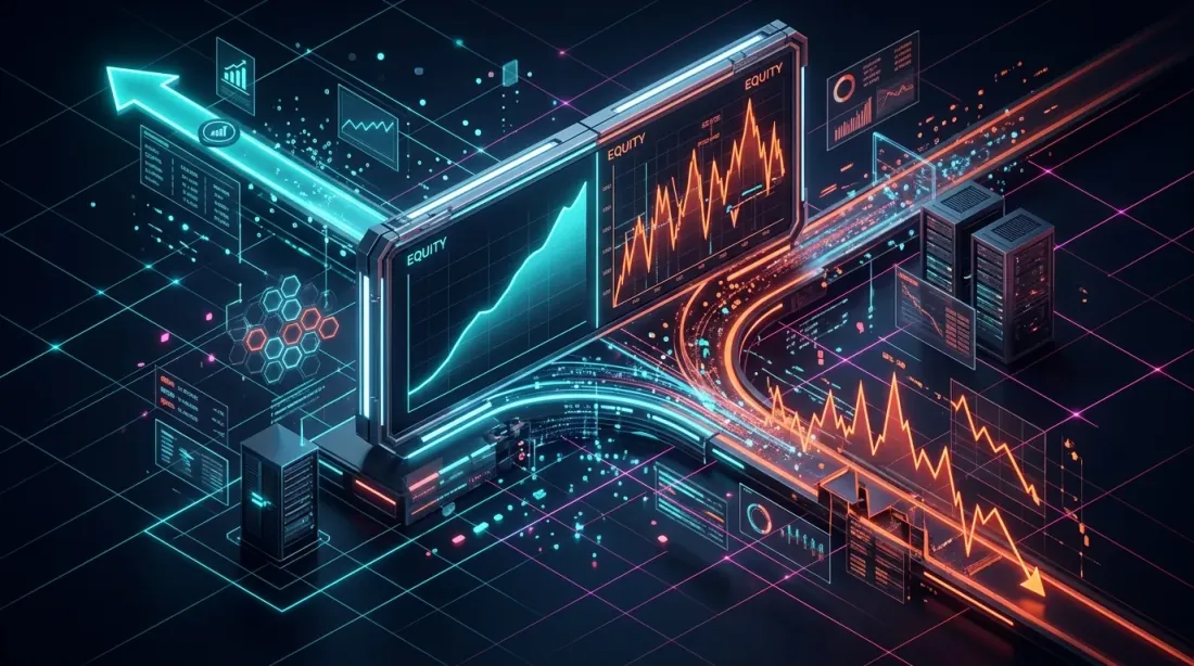 Backtest vs live trading divergence — ideal equity curve versus real volatile results