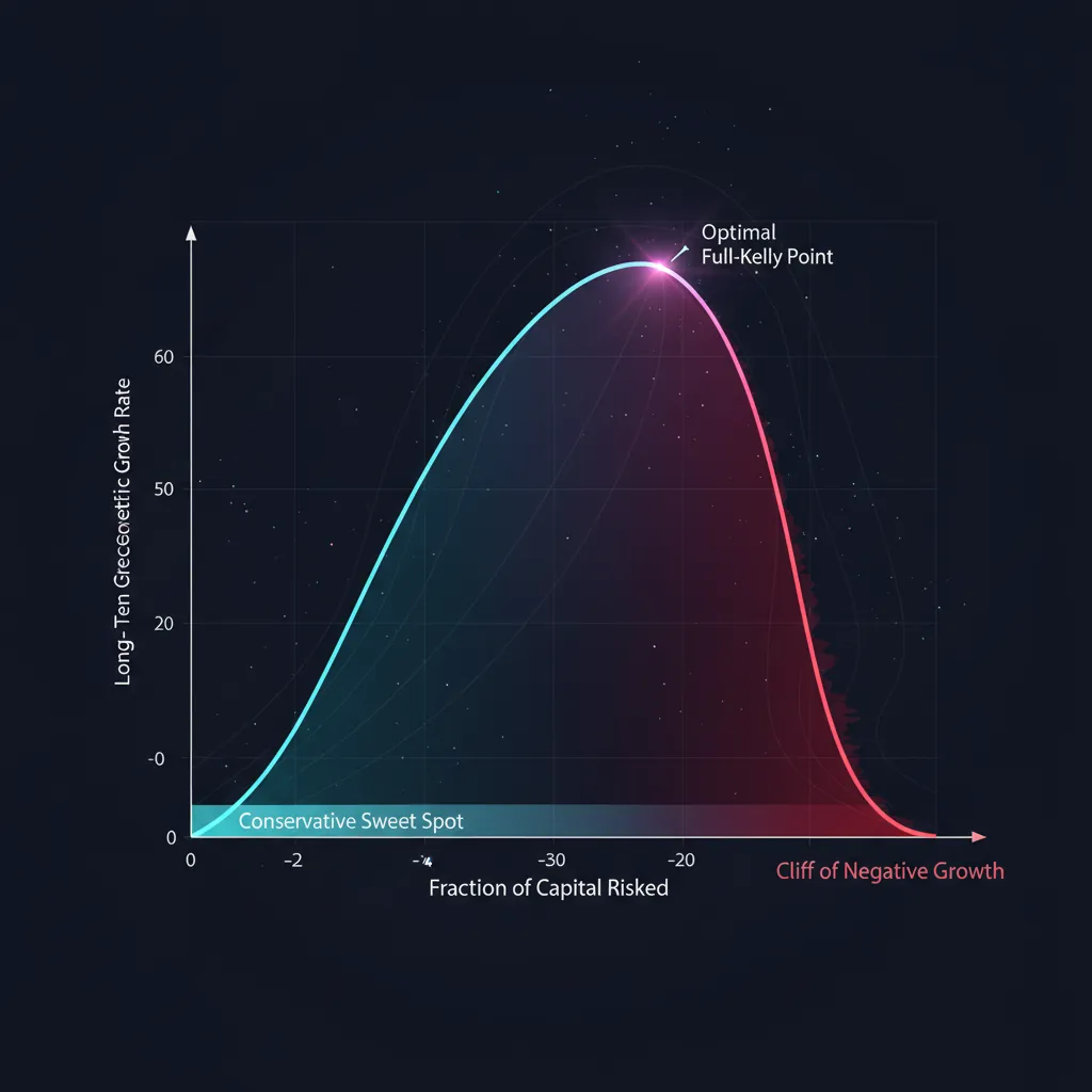 Return versus the Kelly fraction: a growth parabola peaking at the optimum and dropping off a cliff beyond it