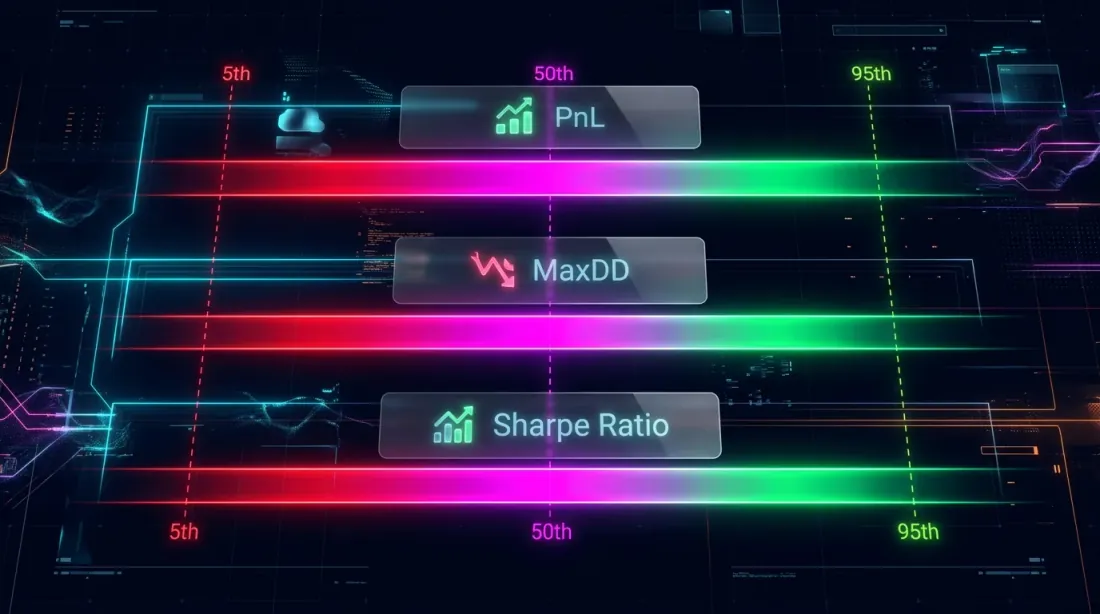 Доверительные интервалы для PnL, MaxDD и Sharpe Ratio с 5-м, 50-м и 95-м перцентилями