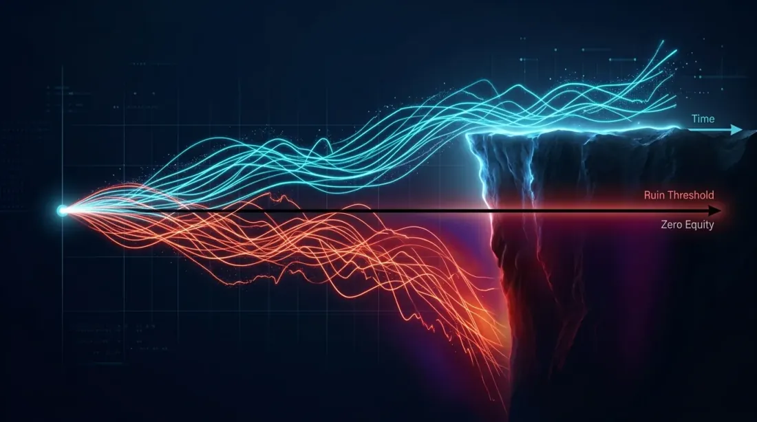 Анализ вероятности разорения: кривые эквити либо выживают, либо падают в руин