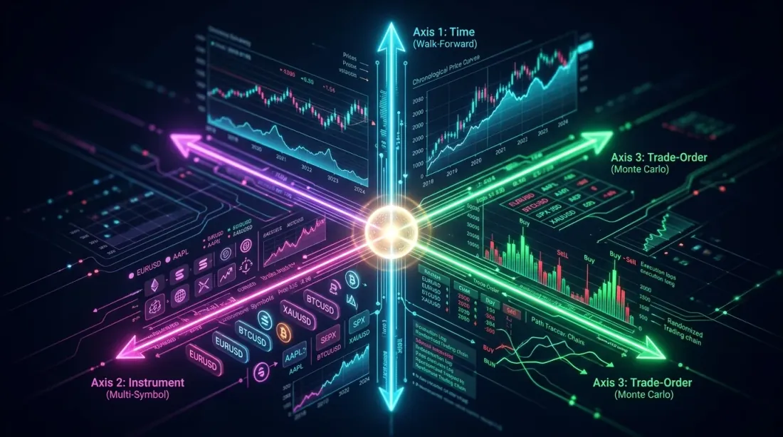Three orthogonal validation axes: time (walk-forward), instrument (multi-symbol), trade order (Monte Carlo)