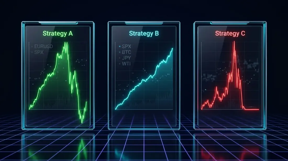 Three strategies compared: A (green, partial success), B (cyan, robust), C (red, overfitted)