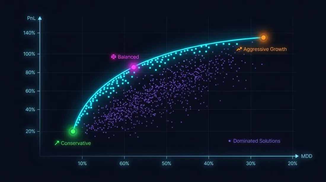 Pareto front: tradeoff between PnL and maximum drawdown