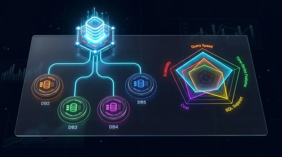 Database comparison with radar chart showing capabilities across query speed, time-series features, SQL support, cost, and scalability