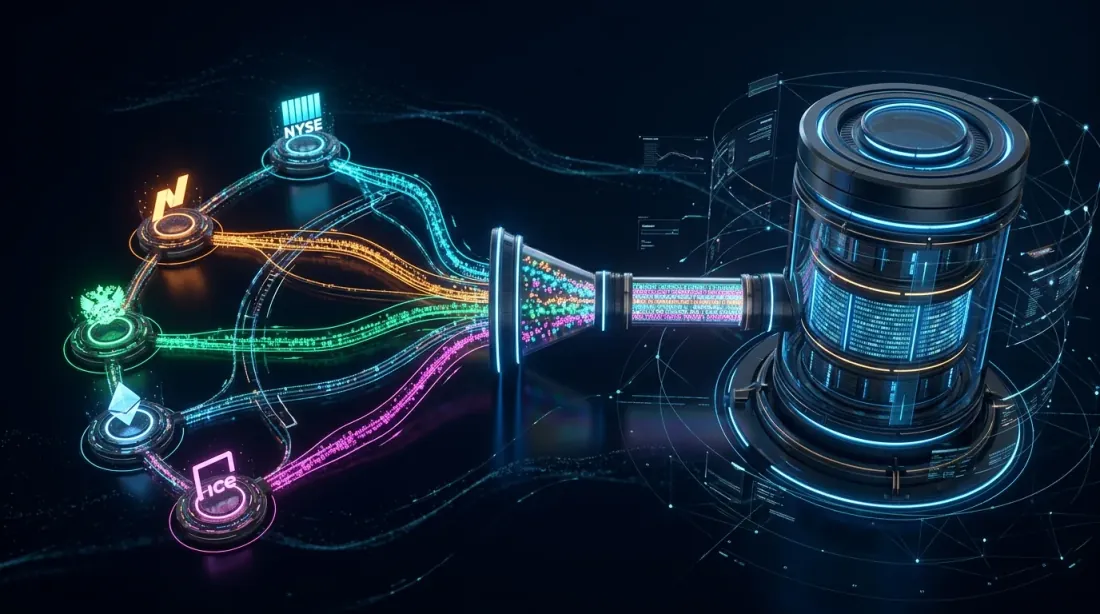 Multi-exchange data ingestion pipeline with WebSocket streams flowing into a database