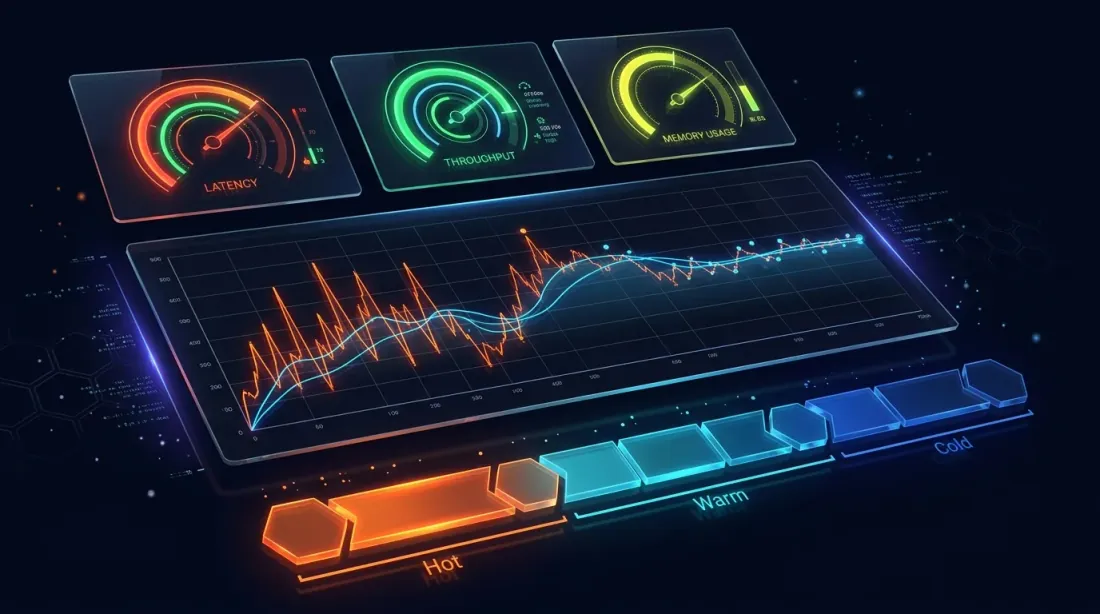 Performance monitoring dashboard with latency gauges and hot-warm-cold storage tiers